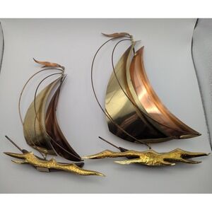 Vintage Brutalist Brass Copper Sailboat Wall Art Set Mid Century Modern Nautical